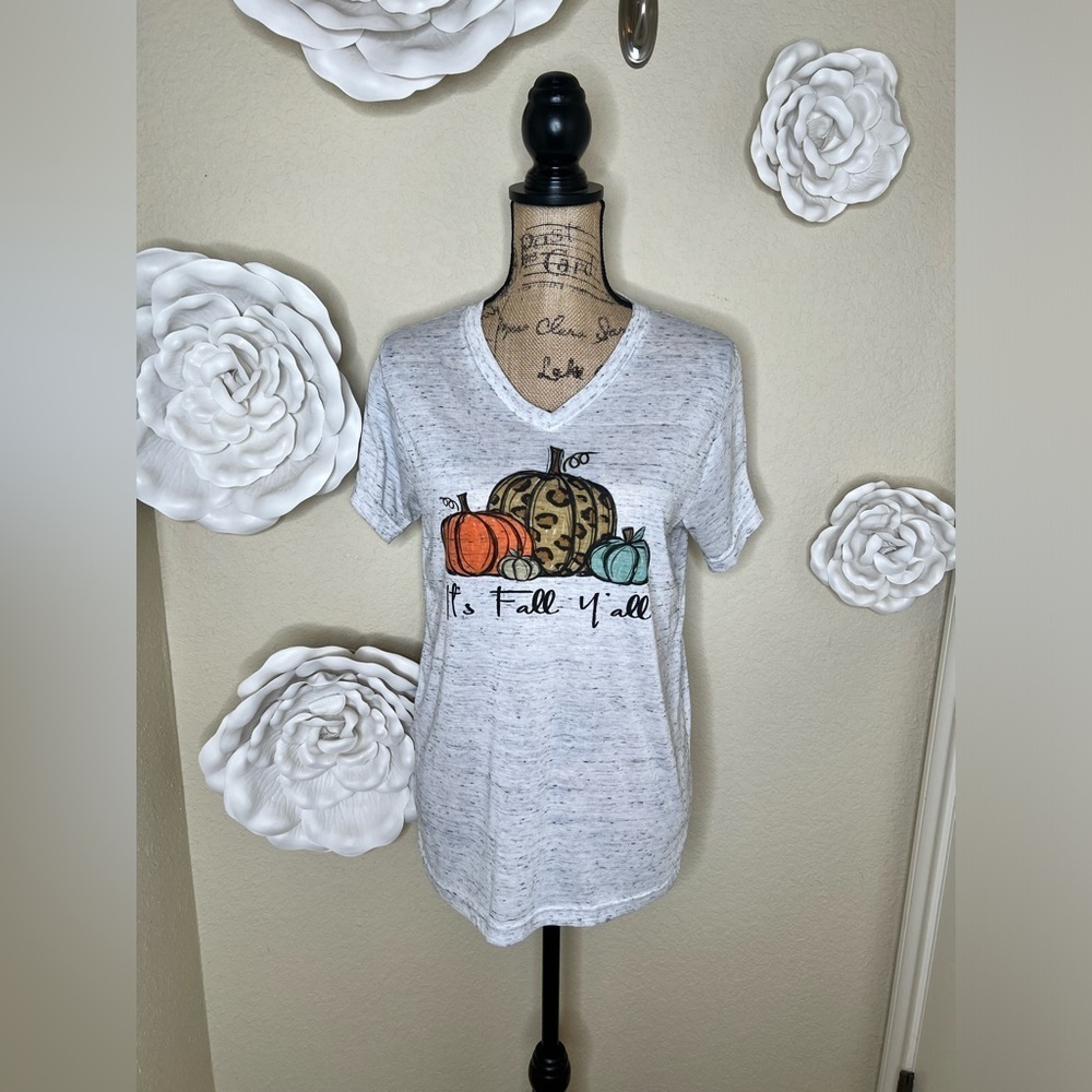 Bella Canvas Pumpkin “It’s Fall Ya’ll” White & Black Heathered T Shirt Sz M
